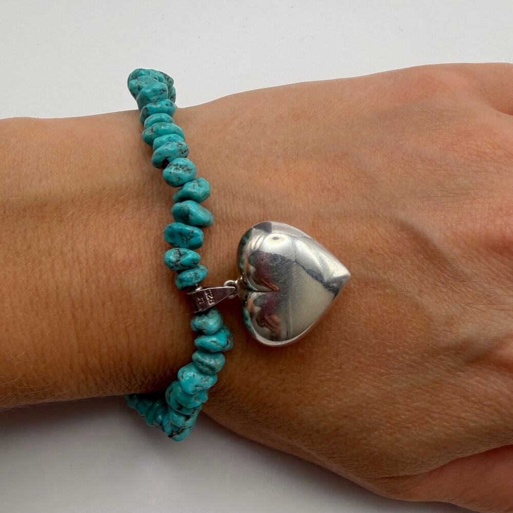 Vintage LS 925 Sterling Silver Heart Turquoise Beaded Bracelet Southwestern